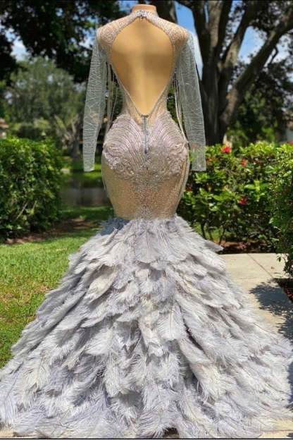 Chicloth Long Sleeves Silver Prom Dress Mermaid Appliques With Feather