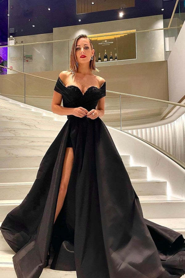 Chicloth Off-the-Shoulder Black Prom Dress Lace Up Split Online