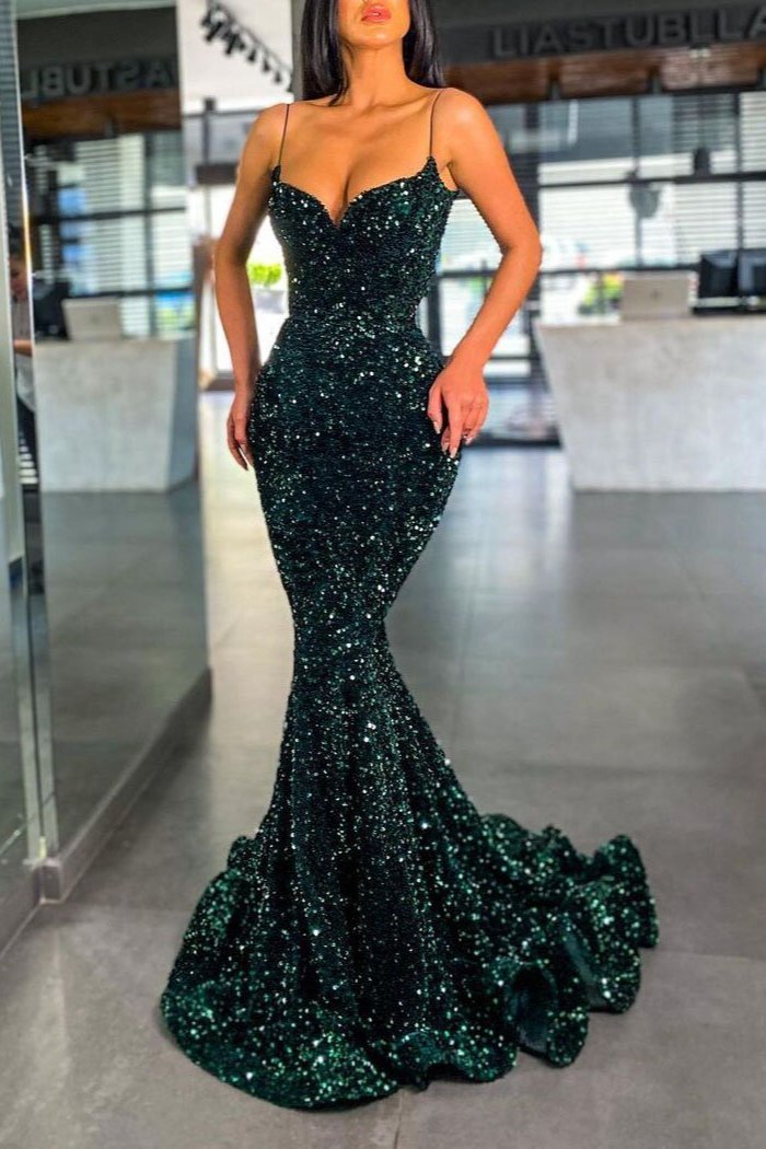 Chicloth Dark Green Sequins Prom Dress Mermaid Long With Spaghetti-Straps