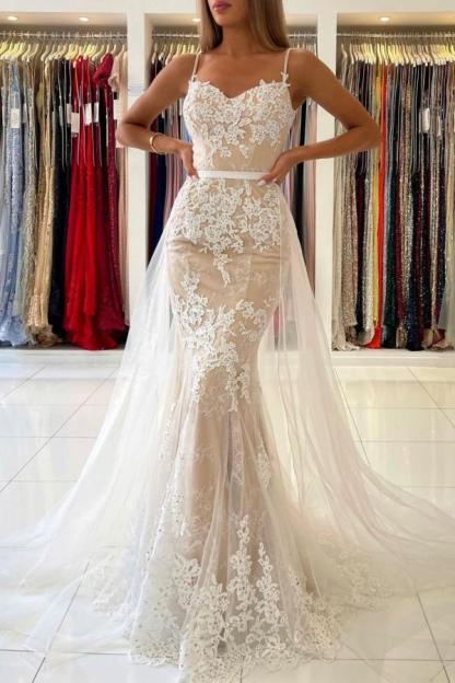 Chicloth Spaghetti-Straps Mermaid Prom Dress Appliques Tulle Skirt
