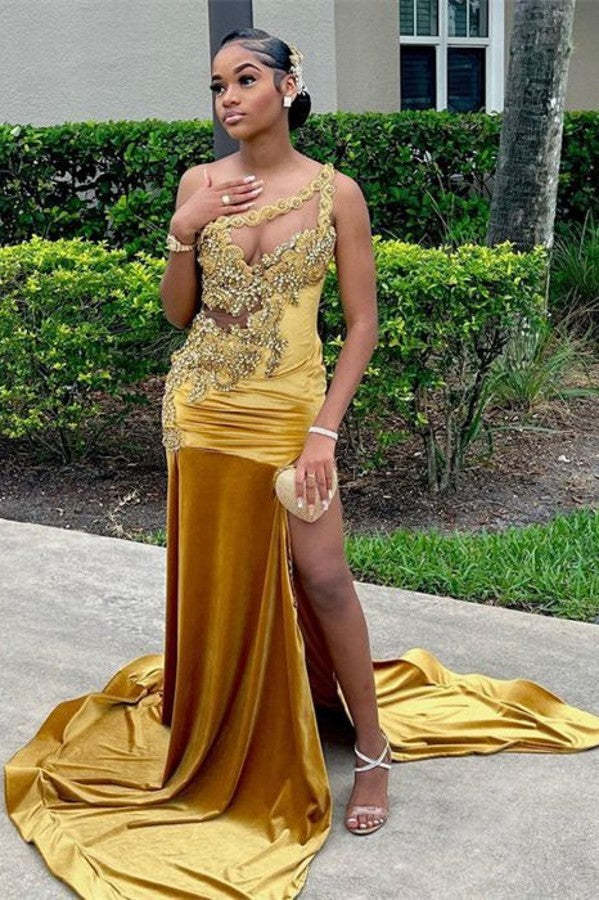 Chicloth One Shoulder Gold Prom Dress Mermaid Split Long With Beads