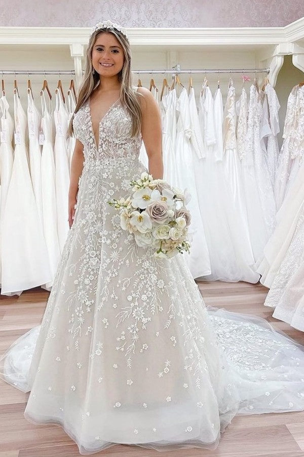 Chicloth V-Neck Sleeveless Wedding Dress Long With Appliques Online