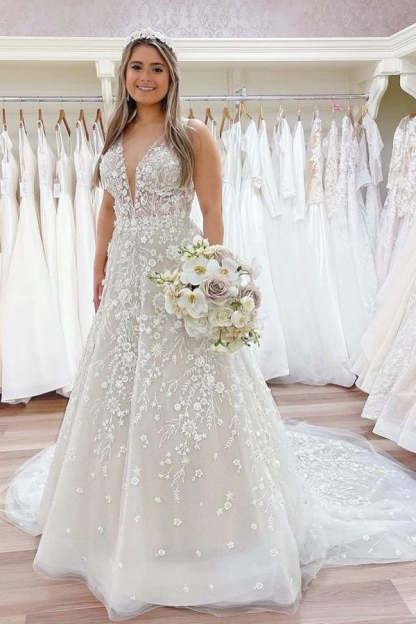 Chicloth V-Neck Sleeveless Wedding Dress Long With Appliques Online