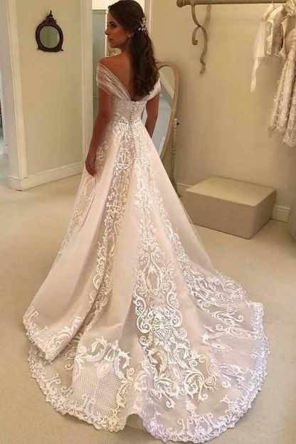 Off Shoulder White Floral Lace Appliques Bridal Gown Romantic Wedding Dress