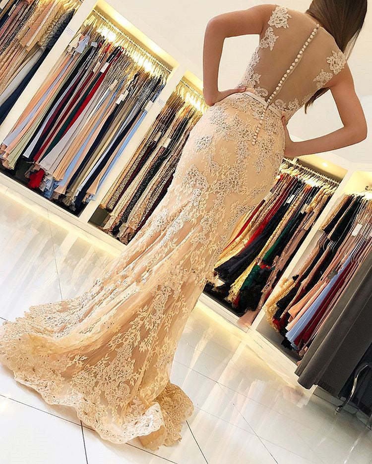 Chicloth V-Neck Sleeveless Mermaid Evening Dress Lace Appliques
