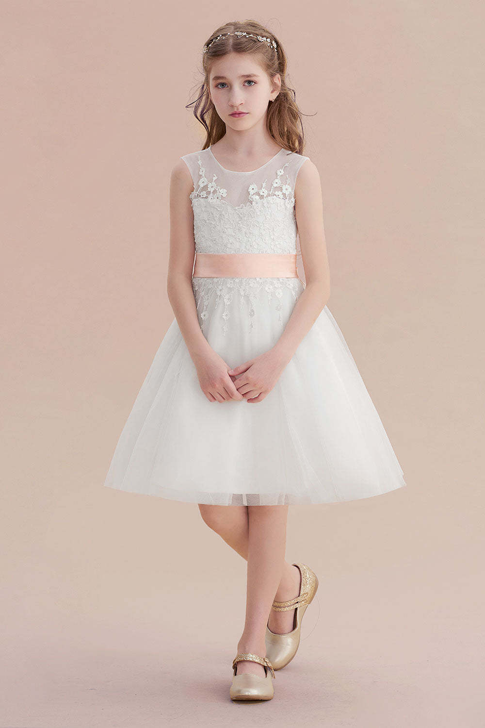 Chicloth A-Line Illusion Appliques Tulle Flower Girl Dress Online