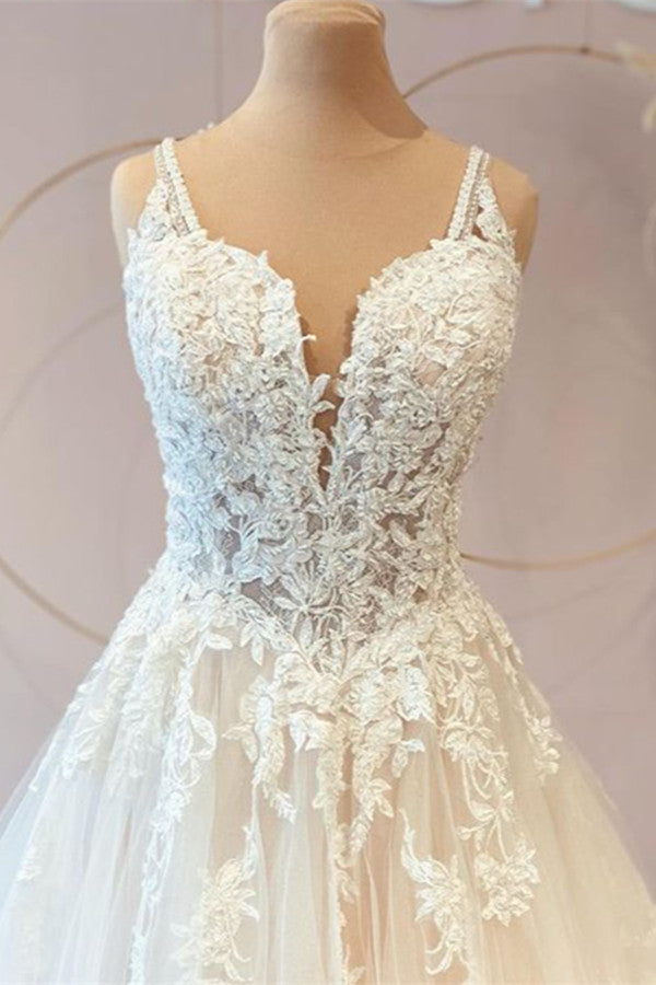 Chicloth V-Neck Bridal Dress Sleeveless Tulle With Lace Appliques