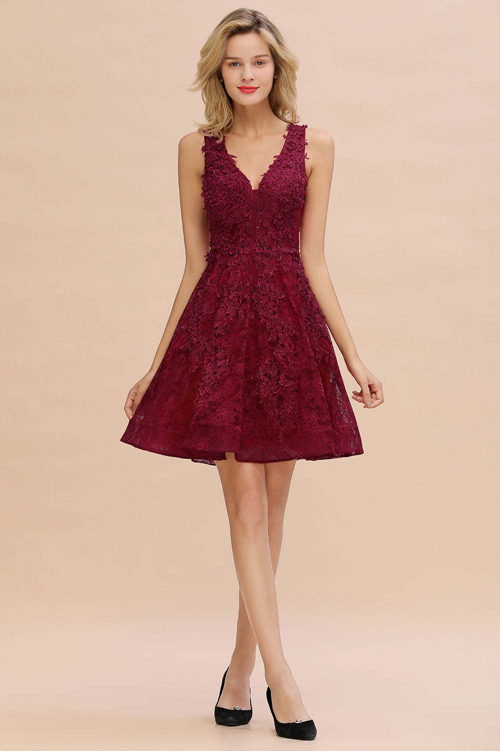 Chicloth Burgundy Sleeveless Lace Short Prom Dress Mini Party Gowns Online