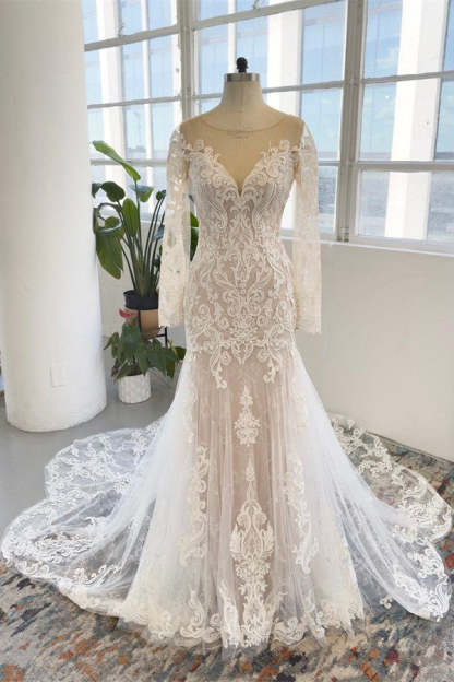 Chicloth Long Sleeves Wedding Dress Mermaid Tulle Lace Appliques