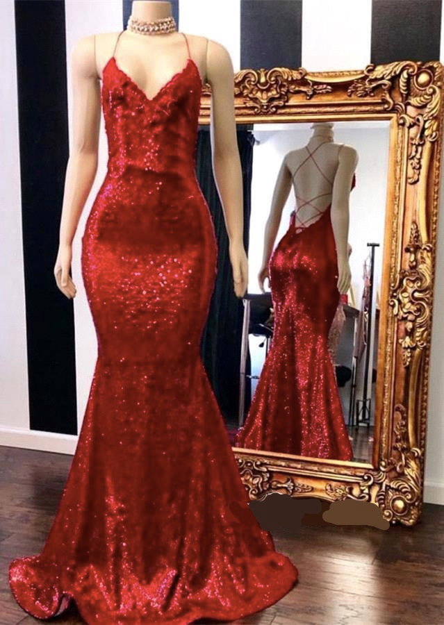 Chicloth Spaghetti-Straps V-Neck Mermaid Prom Dress Sequins With Appliques