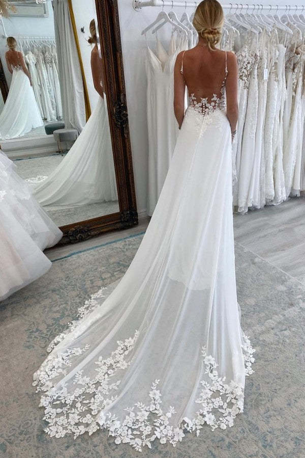 Chicloth Spaghetti-Straps Open Back Wedding Dress Sleeveless With Appliques