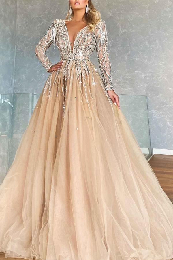 Chicloth Champagne Long Sleeves Prom Dress Ball Gown Tulle With Beads