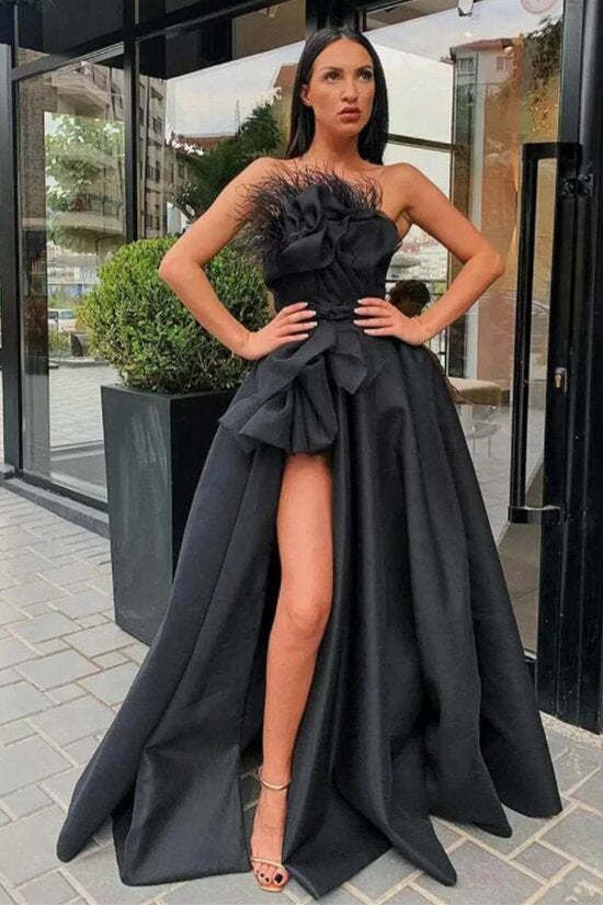 Chicloth Black Prom Dress Split Long With Feather