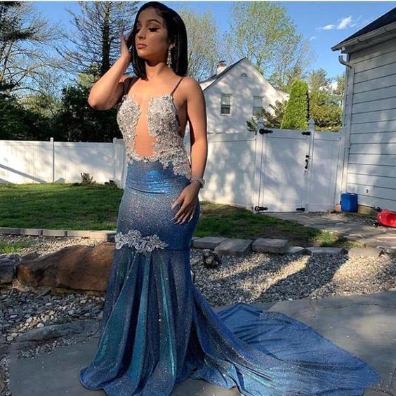 Chicloth Spaghetti-Straps Mermaid Prom Dress Sleeveless Royal Blue