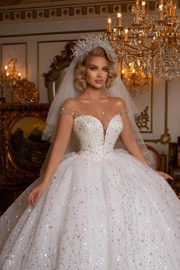 Chicloth Ball Gown Wedding Dress Sheer Top With Crystal Beads