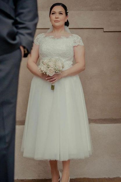 Ankle-Length Wedding Dress with Cap Sleeves and White Tulle