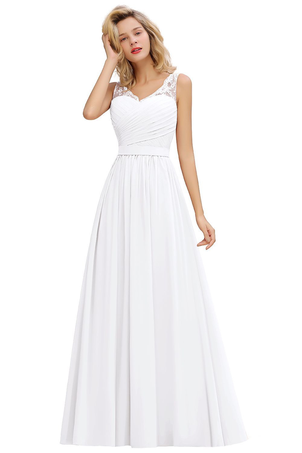 Chicloth A-line Chiffon Lace V-Neck Ruffles Bridesmaid Dress