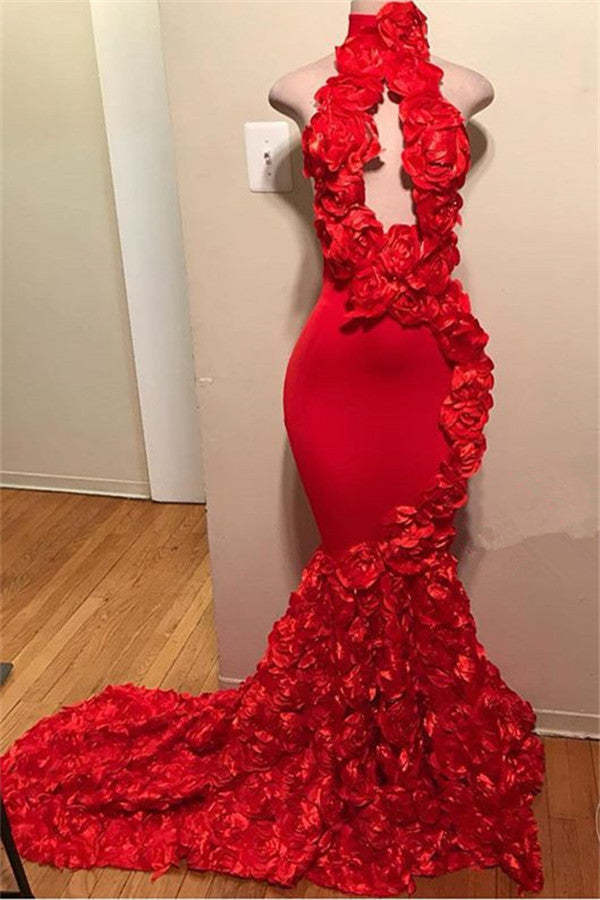 Chicloth Red High Neck Mermaid Prom Dress With Flowers Sleeveless Formal Wears
