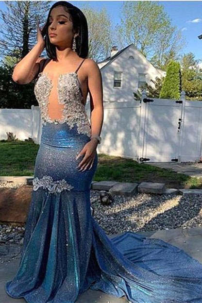 Chicloth Spaghetti-Straps Mermaid Prom Dress Sleeveless Royal Blue