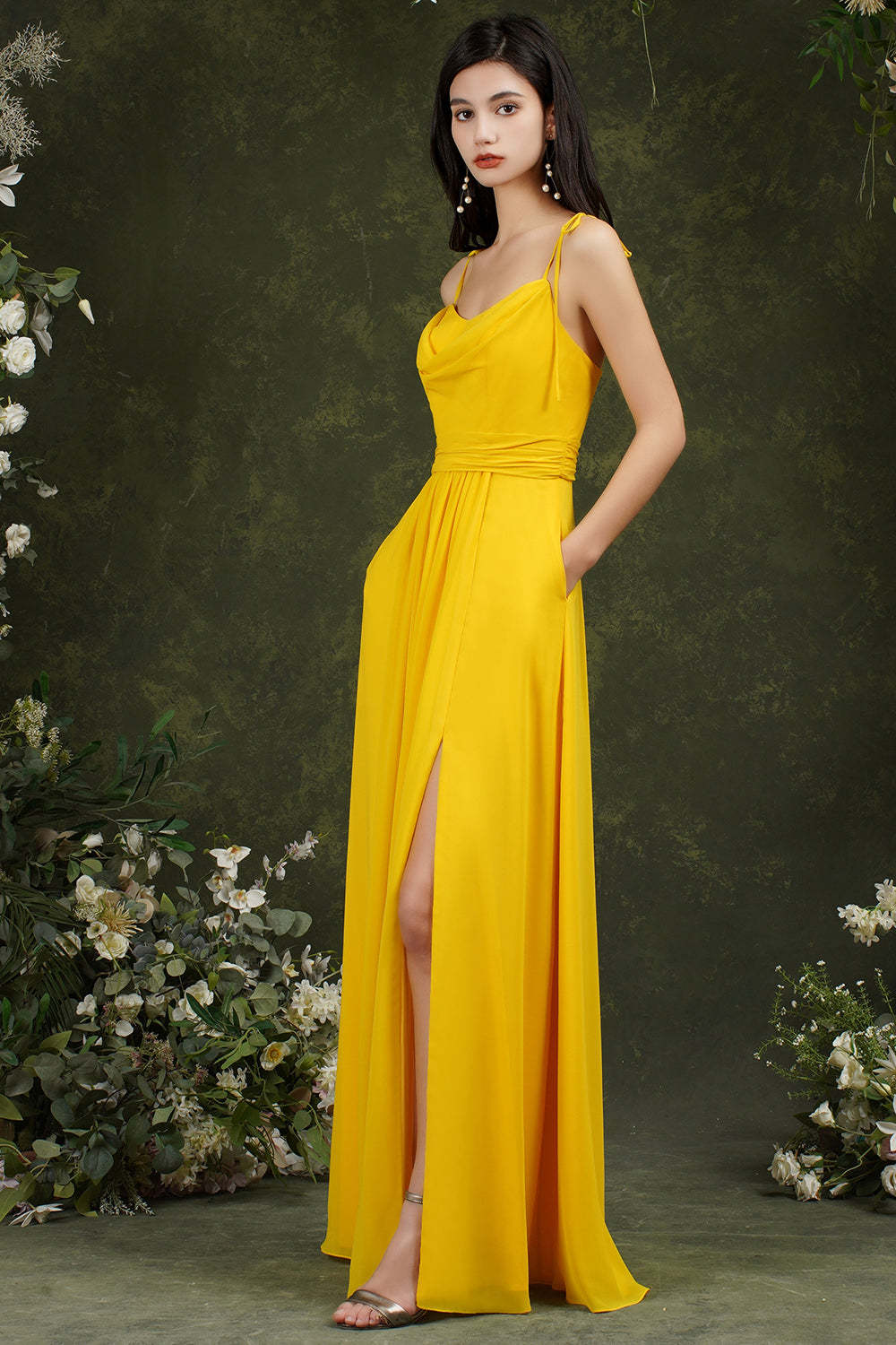 Chicloth Spaghetti-Straps Bridesmaid Dress Chiffon With Slit