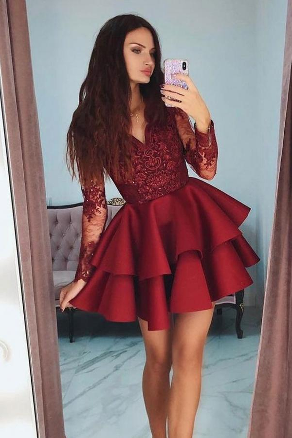 V-Neck Burgundy Long Sleeves Short Homecoming Dress