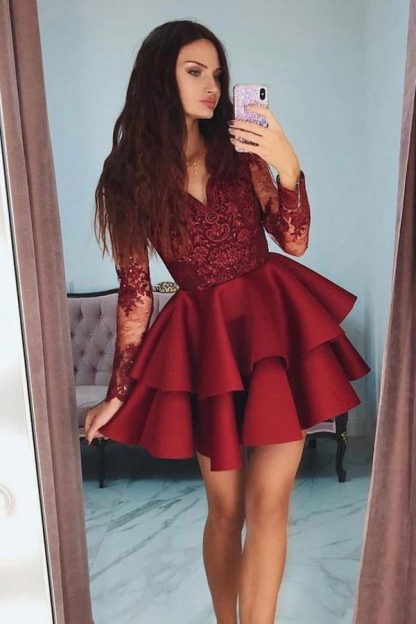 V-Neck Burgundy Long Sleeves Short Homecoming Dress