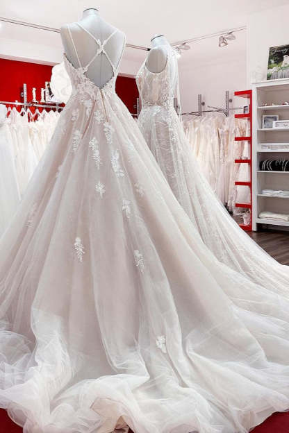 Chicloth Elegant V Neck Ivory Sleeveless Ruffles A-Line Wedding Dresses