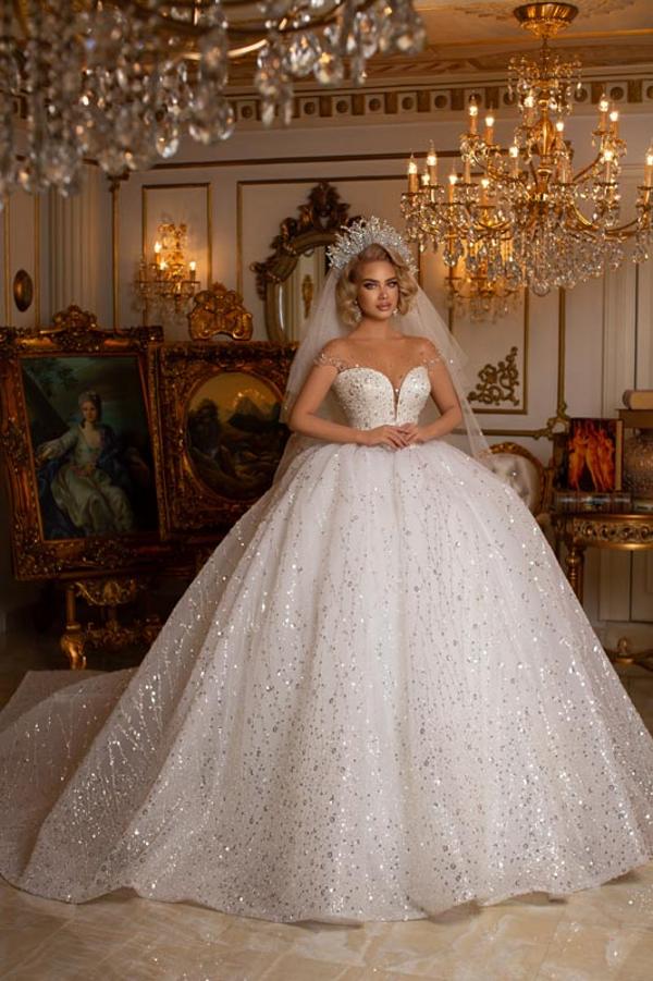 Chicloth Ball Gown Wedding Dress Sheer Top With Crystal Beads