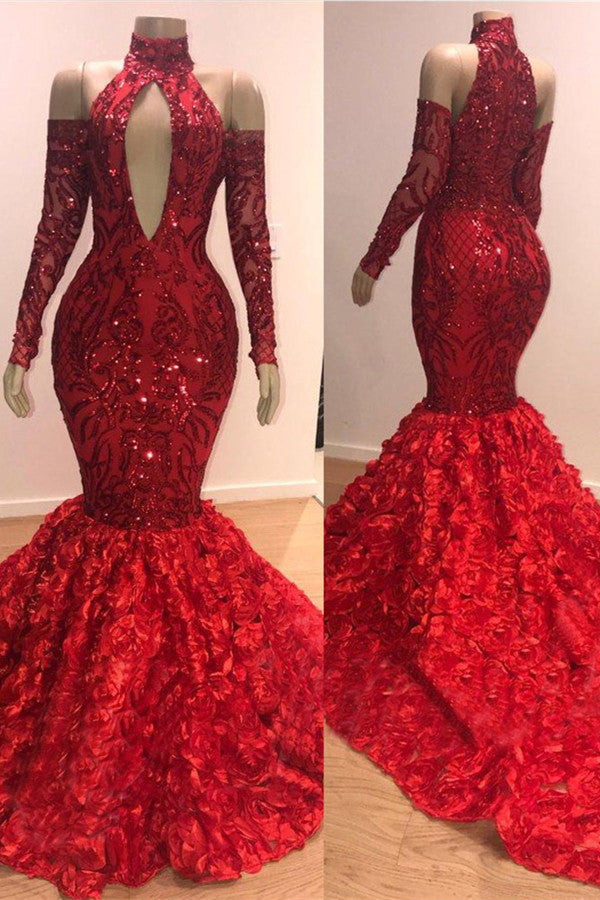 Chicloth Red Long Sleeves Prom Dress Mermaid With Flowers Bottom