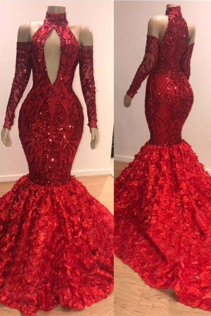 Chicloth Red Long Sleeves Prom Dress Mermaid With Flowers Bottom
