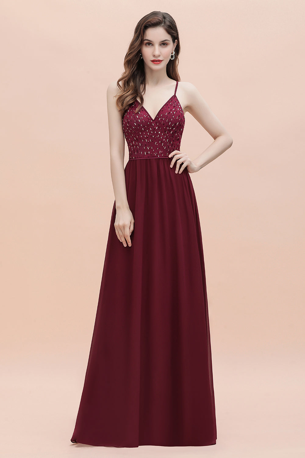 Chicloth Fabulous A-line Burgundy Chiffon Bridesmaid Dress V-Neck Spaghetti Straps Sequins Evening Dress