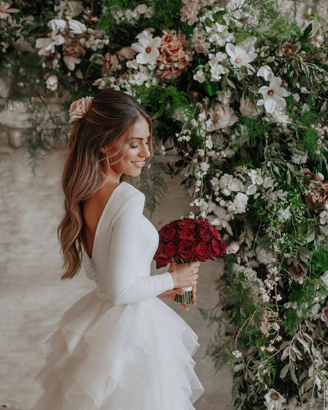 Long sleeves low back white ruffles wedding dress with court train