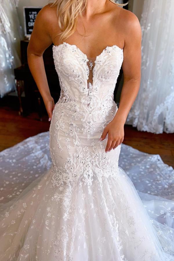 Sweetheart White Tulle Lace Bridal Gown Strapless Mermaid Wedding Dress