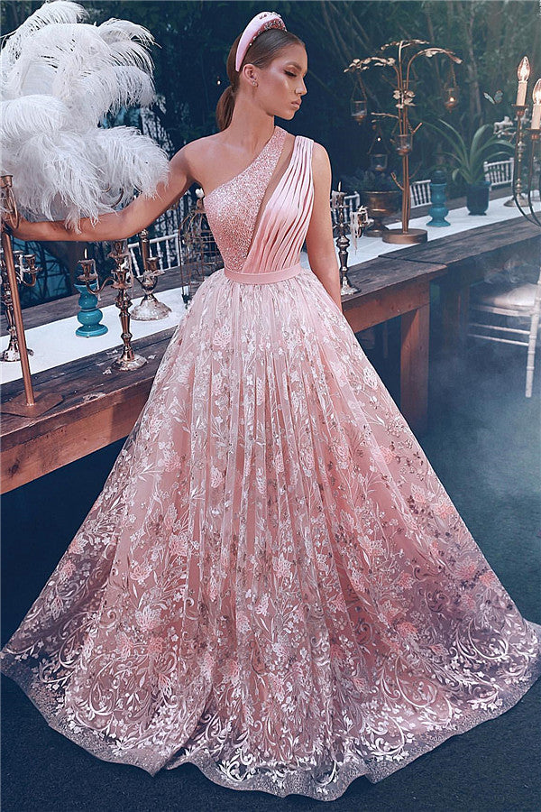 Chicloth Pink One Shoulder Prom Dress Lace Long Evening Party Gowns