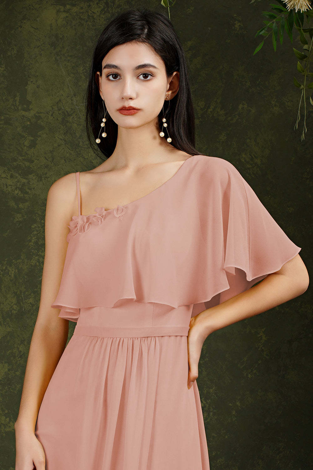 Chicloth One Shoulder Ruffles Bridesmaid Dress Long With Slit