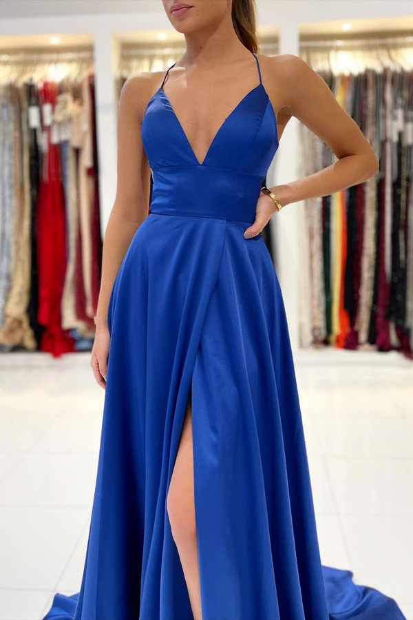 Sexy Sleeveless Royal Blue V-Neck Long Evening Dress with Side Split