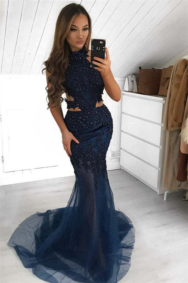 Chicloth Dark Navy Halter Mermaid Prom Dress Long With Appliques