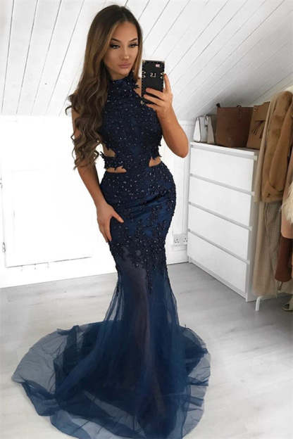 Chicloth Dark Navy Halter Mermaid Prom Dress Long With Appliques