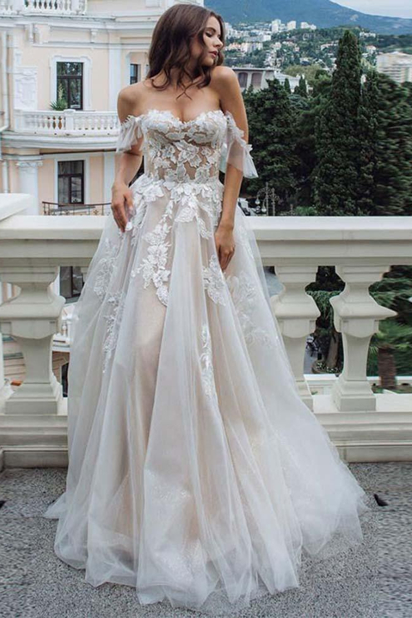 Off-Shoulder A-Line Tulle Wedding Dress with Appliques
