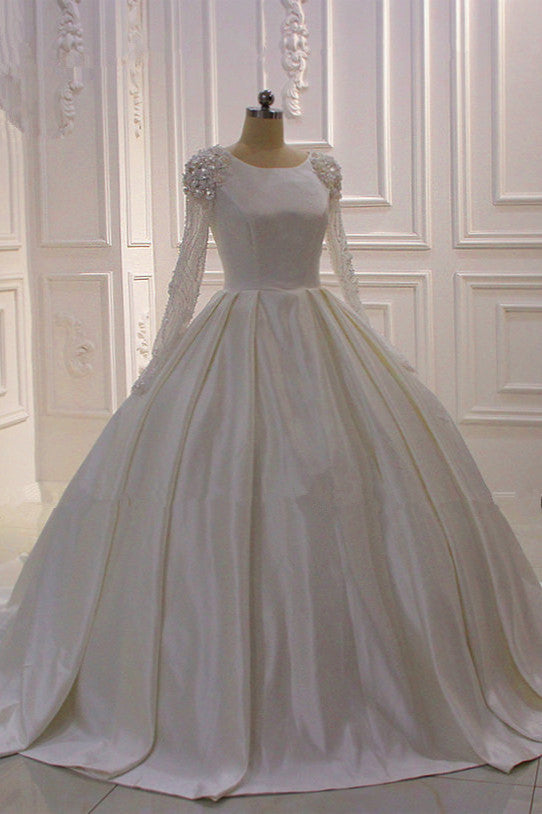 Chicloth Ball Gown Satin Long Sleeves Wedding dress Jewel Ruffles Flowers Bedaings Bridal Gowns On sale