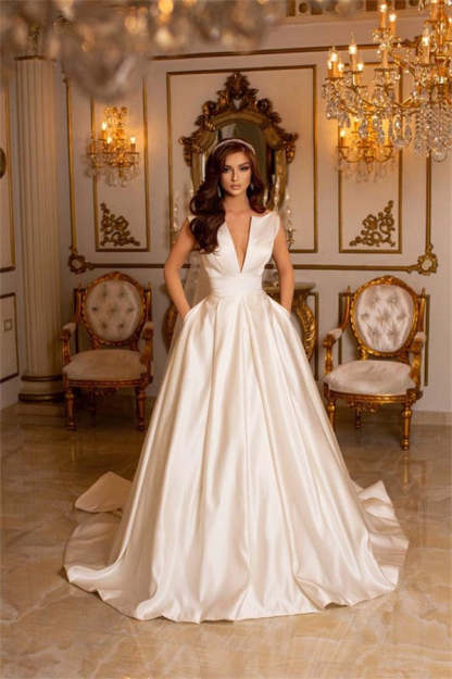 Chicloth Satin Wedding Dress V-Neck Long With Pockets