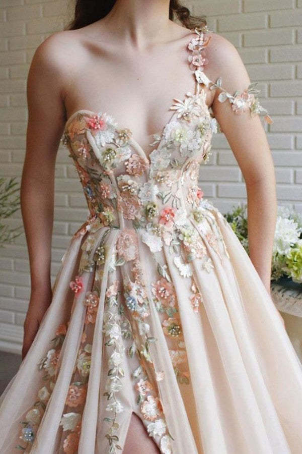 Chicloth Fairy Flowers Applique Prom Dress Champagne Tulle With Slit