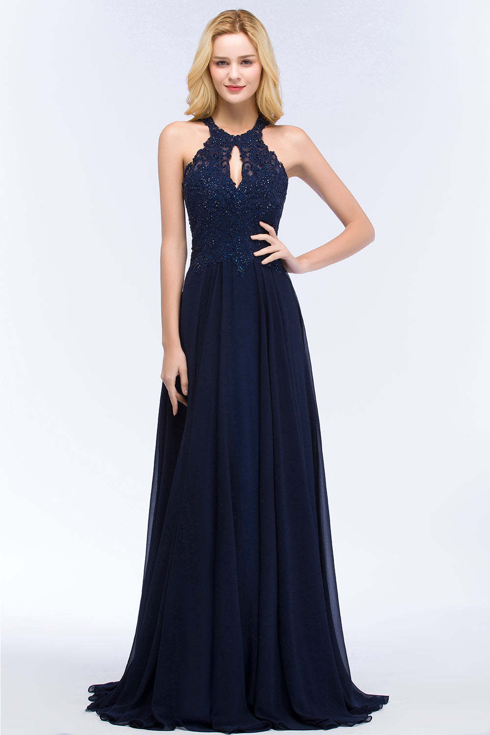 Chicloth A-line Keyhole Neckline Halter Long Beading Prom Dress