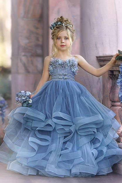 Chicloth Blue Spaghetti-Straps Tulle Flower Girl Dress Layered With Appliques