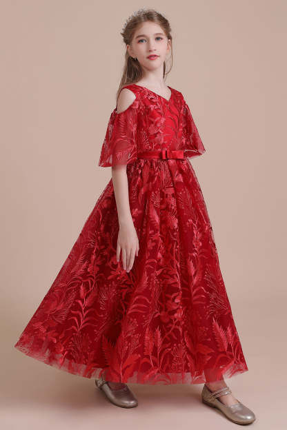 Chicloth A-Line V-neck Tulle Cold-shoulder Flower Girl Dress On Sale