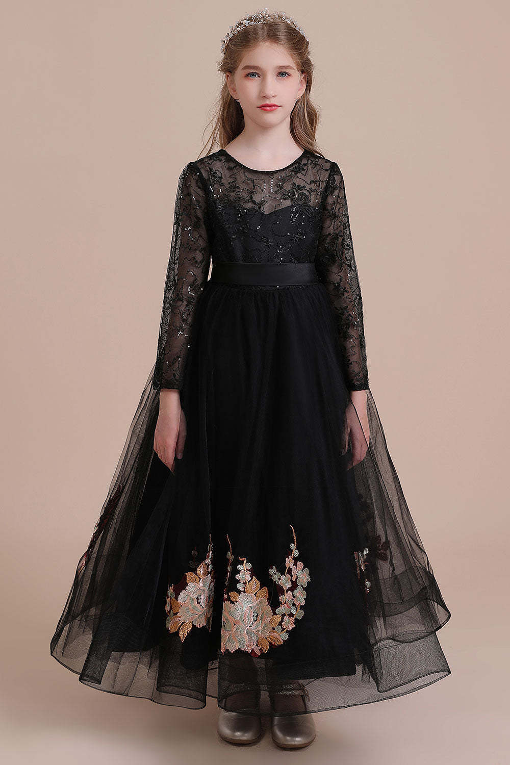 Chicloth A-Line Embroidered Long Sleeve Tulle Flower Girl Dress On Sale
