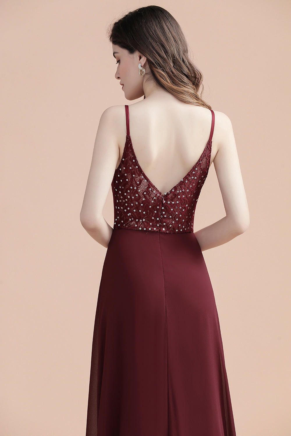 Chicloth Elegant V-Neck Burgundy Chiffon Bridesmaid Dress Lace Sequins Spaghetti Straps Evening Dress