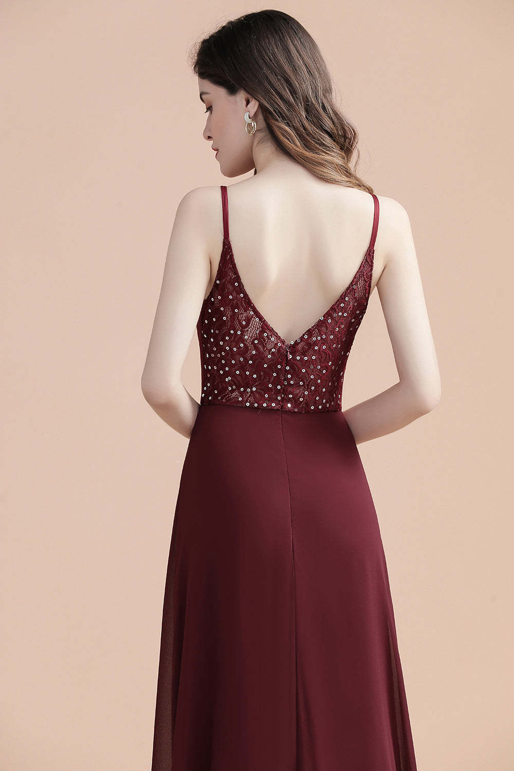 Chicloth Elegant V-Neck Burgundy Chiffon Bridesmaid Dress Lace Sequins Spaghetti Straps Evening Dress