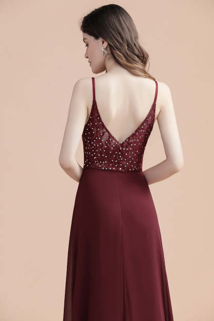 Chicloth Elegant V-Neck Burgundy Chiffon Bridesmaid Dress Lace Sequins Spaghetti Straps Evening Dress