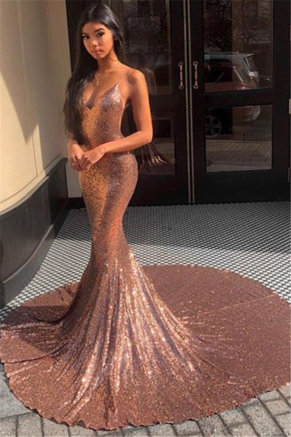 Chicloth Spaghetti-Straps Mermaid Sequins Long Evening Prom Dress Sleeveless